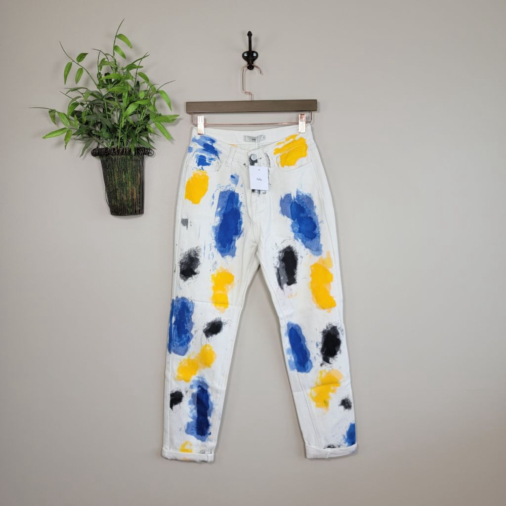 NEW Adika Rukasini White Spray Paint Splatter Jeans Tomboy Relaxed Fit Tapered S